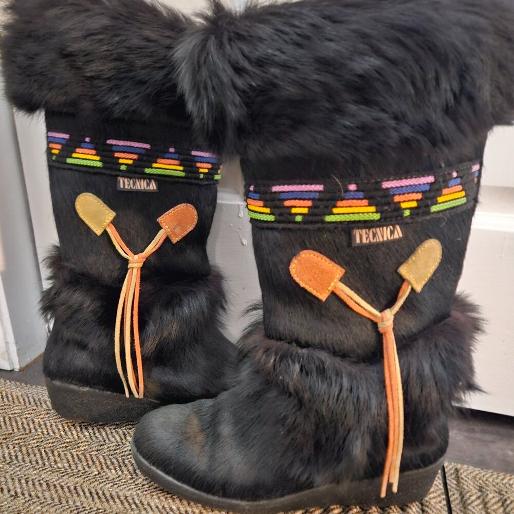 Tecnica Vintage Women’s Black Fur Scandia Apres Ski Boots Size 38 US 7